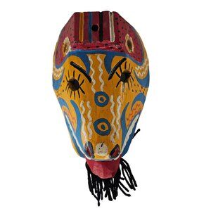 Hand-Painted Wooden Guatemalan Mask With Colorful Tribal Design & Yarn Beard